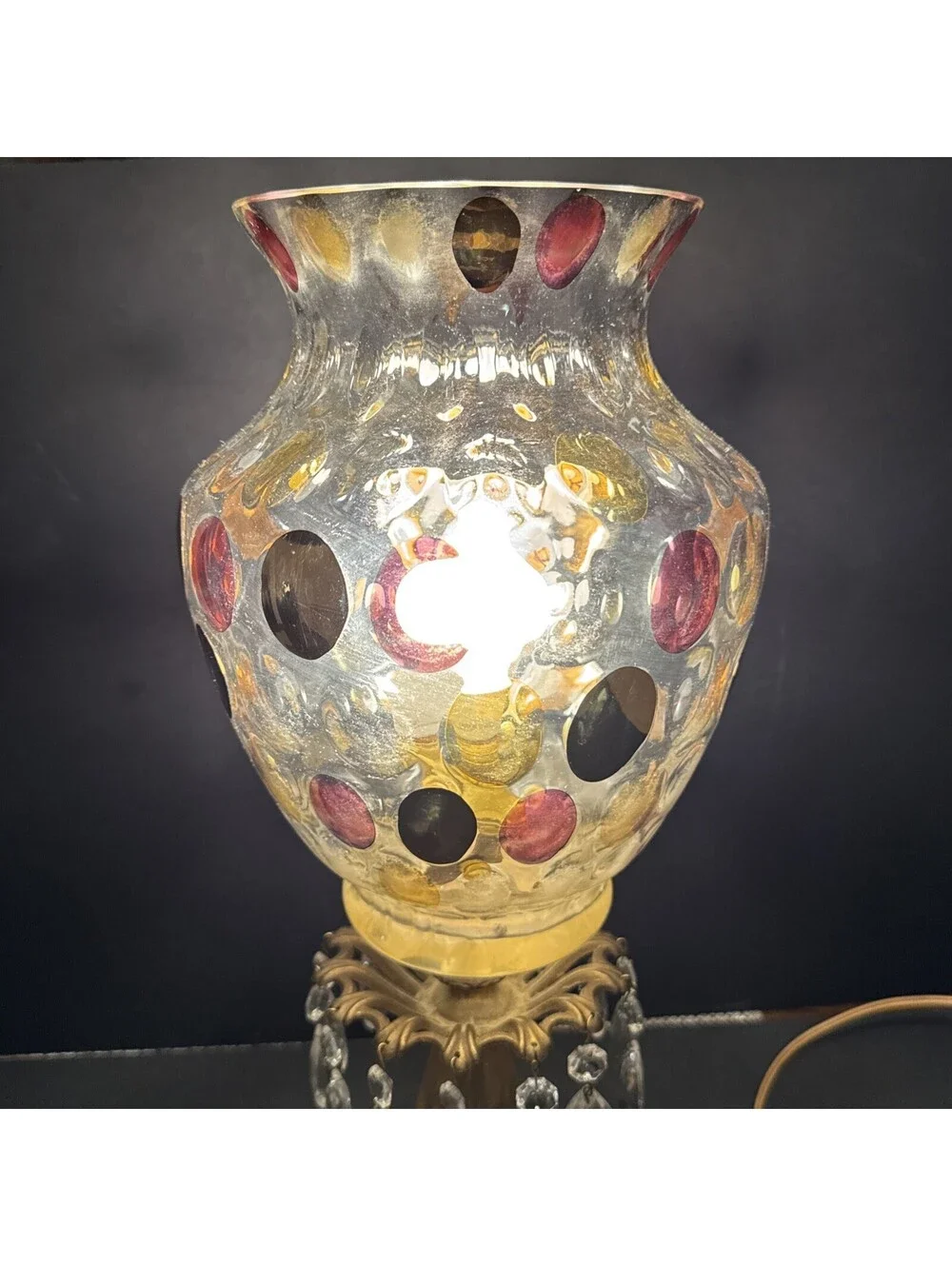 Vintage Hollywood Regency Bohemian Art Glass Marble Base Table Lamp 17.75” H